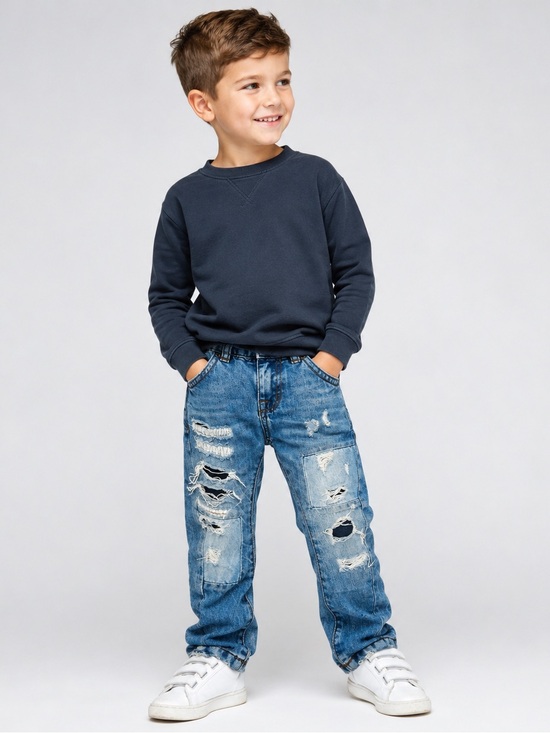Zara Other - Zara Boys Distressed Patchwork Jeans Size 104 Blue Elastic Waist